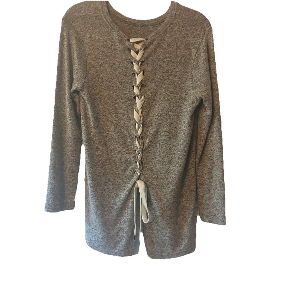 Women's Super Soft Comfy Boho Long Sleeve Lace-up Back Heather Gray Sweater Sz M